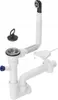 A white sink drain assembly with various components laid out against a white background. Produktbild-Vorschau