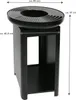 A black metal outdoor grill with a circular top and a rectangular base with an open storage compartment. Dimensions are indicated with text and arrows. Produktbild-Vorschau