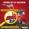 A red garden tiller is shown in soil, with a magnifying glass highlighting its steel casing and stones being thrown. Produktbild-Vorschau