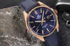A close-up shot of a men's watch with a blue dial and gold accents, resting on a textured rock. Voir les images du produit