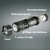 An exploded view of a disassembled flashlight with labels pointing to its components. Produktbild-Vorschau