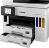A close-up, front-facing view of a white Canon MAXIFY GX 7050 Multifunction Printer with its paper trays extended. Produktbild-Vorschau