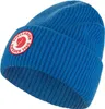 A blue knitted beanie with a circular logo patch. Produktbild-Vorschau
