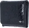 A close-up, side view of a dark blue, crocodile-embossed leather wallet.