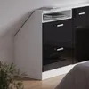 A close-up view of a black and white cabinet with drawers, positioned in a room with wooden flooring. Podgląd zdjęcia produktu