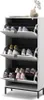 A white shoe cabinet with three flip-down drawers, filled with various shoes. Produktbild-Vorschau