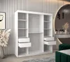 A white wardrobe with open doors, showing its internal shelves and drawers. The wardrobe is in a room with a striped wall and a large round mirror in the background. Produktbild-Vorschau