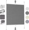 A collage of a dark gray pleated blind, showing mounting hardware and different color options. Produktbild-Vorschau