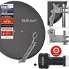 A satellite dish and LNB are shown against a plain background, with close-ups of the mounting hardware. Produktbild-Vorschau