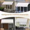A collage of four images showing awnings installed in different outdoor settings: a garden, a balcony, a doorway, and a window. Náhľad obrázku produktu