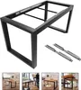 A black metal table frame with two metal sliding rails shown separately, and three smaller images below showing the table frame assembled into dining tables in different settings. Podgląd zdjęcia produktu