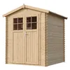 A wooden garden shed with double doors and two windows. Produktbild-Vorschau