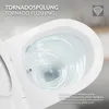 A close-up view of a toilet bowl with water swirling, demonstrating the tornado flushing feature. Text overlays describe the feature in German and English. Produktbild-Vorschau