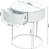 A white round side table with a drawer, shown with dimensions indicated by measurement lines and text. Produktbild-Vorschau