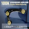 Close-up of a blue gaming chair armrest with marketing text and icons. Produktbild-Vorschau