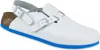 A single white Birkenstock shoe with a blue sole and a glittery brown heel. Produktbild-Vorschau