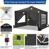 A diagram showing the features of a black pop-up canopy tent. Voir les images du produit
