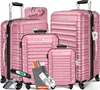 A set of four pink suitcases of varying sizes, arranged in a group. Accessories like a passport, tickets, and a luggage scale are placed in front of the suitcases. Produktbild-Vorschau