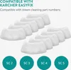 A collection of white microfiber cleaning pads arranged in rows, with teal circles containing text below them. Produktbild-Vorschau