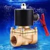A brass solenoid valve with a black coil and red wires, set against a blue background with water bubbles. Voir les images du produit