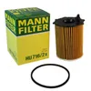 A product shot of a MANN-FILTER oil filter and its packaging, along with a gasket, on a white background. Produktbild-Vorschau