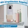 A shelf in a shower with various bathroom products like soap dispensers and soap bars. Náhled obrázku produktu