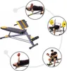 A collage of images showing a multi-functional weight bench and people using it for various exercises. Produktbild-Vorschau