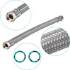 A stainless steel braided hose with two close-up views and two washers. Produktbild-Vorschau