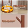 Two images showing features of a wooden coat rack. The top image highlights the 360-degree rotary design with arrows and text. The bottom image shows a hook and text about tool-free assembly. Náhľad obrázku produktu