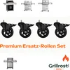 A collage of barbecue grills and replacement caster wheels, with text and a logo. Produktbild-Vorschau
