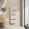 A modern bathroom setting with a white towel radiator mounted on a beige wall. Produktbild-Vorschau