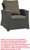 A single brown rattan armchair with green cushions, set against a white background. Text in multiple languages is displayed below the chair. Produktbild-Vorschau