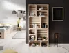 A bedroom scene with a wooden crate shelving unit filled with books and decor, next to a bed. Produktbild-Vorschau