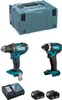 A collage of a Makita tool kit including a storage case, a drill, an impact driver, a charger, and two batteries. Produktbild-Vorschau