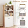 A tall, narrow bookshelf with white doors at the bottom and open shelves above, shown in a room with plants and decorative items. Circular diagrams highlight different storage configurations. Produktbild-Vorschau
