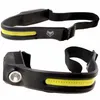 Two views of a black and yellow LED headlamp with a black adjustable strap. Náhled obrázku produktu
