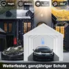 A collage showing a white carport with a car inside, contrasted with outdoor scenes of rain, snow, sun, and wind affecting houses and cars. Náhled obrázku produktu