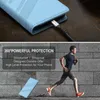 A split image showing a light blue phone case with a charging cable plugged in, and a man running in front of a brick wall with a phone case shown at the bottom. Produktbild-Vorschau