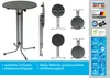 A collage of images showing a standing table from different angles, including folded and unfolded views, along with marketing badges and text. Produktbild-Vorschau