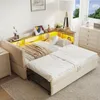 A beige sofa bed is extended into a bed, with a built-in shelf featuring LED lighting and a tablet. The room is bright and modern, with a dresser and lamp visible. Anteprima dell’immagine prodotto