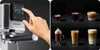 A split image showing a hand interacting with a coffee machine's control panel on the left, and various coffee drinks on the right. Anteprima dell’immagine prodotto