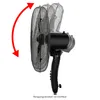 A black standing fan shown from the side, with a red arrow indicating its adjustable tilt angle. Podgląd zdjęcia produktu