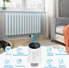 A smart home radiator thermostat is shown attached to a radiator, with various features highlighted by icons and text. Produktbild-Vorschau