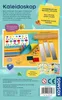 The image shows the contents of a DIY kaleidoscope kit, including colorful paper, mirrors, and a cardboard tube, along with instructions and marketing text. Anteprima dell’immagine prodotto
