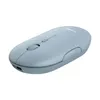 A light blue wireless mouse is shown from a diagonal angle against a white background. Produktbild-Vorschau