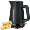 A black Bosch electric kettle with a red accent sits next to a clear glass cup of tea with lemon slices. Podgląd zdjęcia produktu