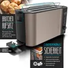 A toaster and its features are showcased, including a bun warmer and cleaning tray. Produktbild-Vorschau