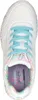 A top-down view of a white sneaker with blue laces and colorful floral accents on the sole and sides. Voir les images du produit