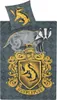 A close-up view of a Hufflepuff-themed duvet cover and pillowcase, featuring the Hufflepuff crest and badger emblem. Produktbild-Vorschau