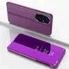 A purple flip case for a smartphone is shown in two orientations against a white and light gray background. The case has a mirrored front cover that displays the time and date. Náhled obrázku produktu